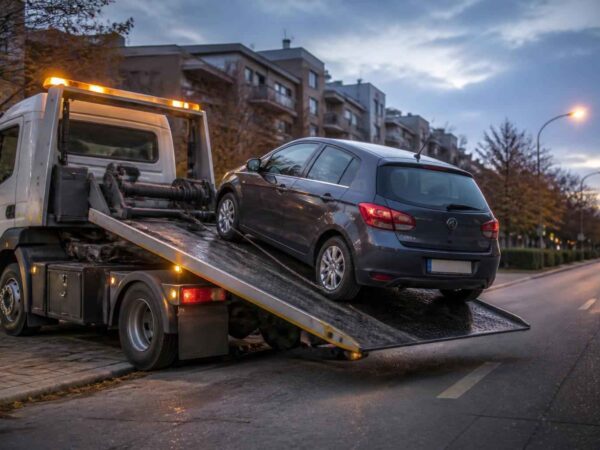 Laweta przewozi ciemnego Volkswagena na miejskiej ulicy o zmierzchu
