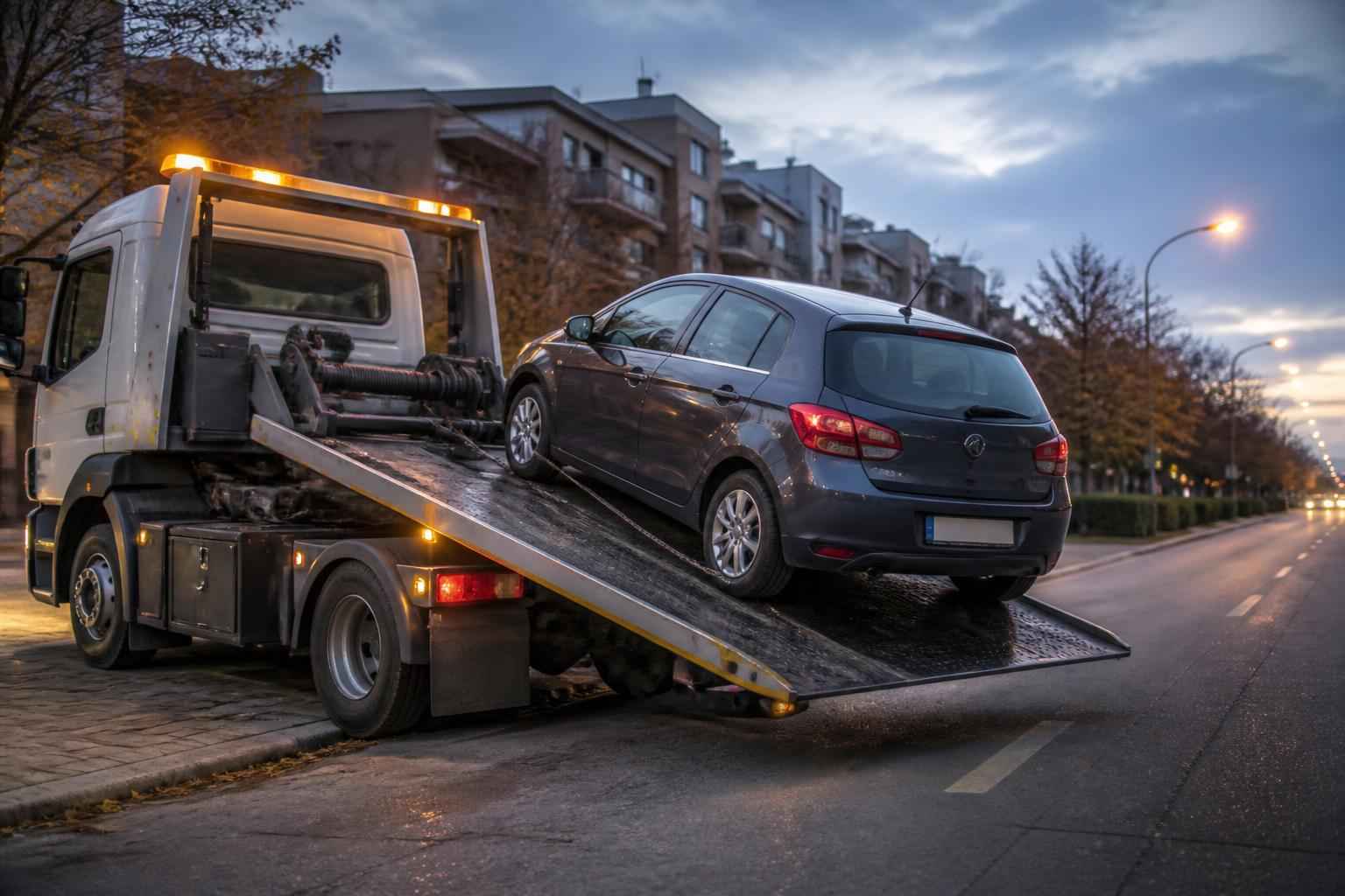 Laweta przewozi ciemnego Volkswagena na miejskiej ulicy o zmierzchu